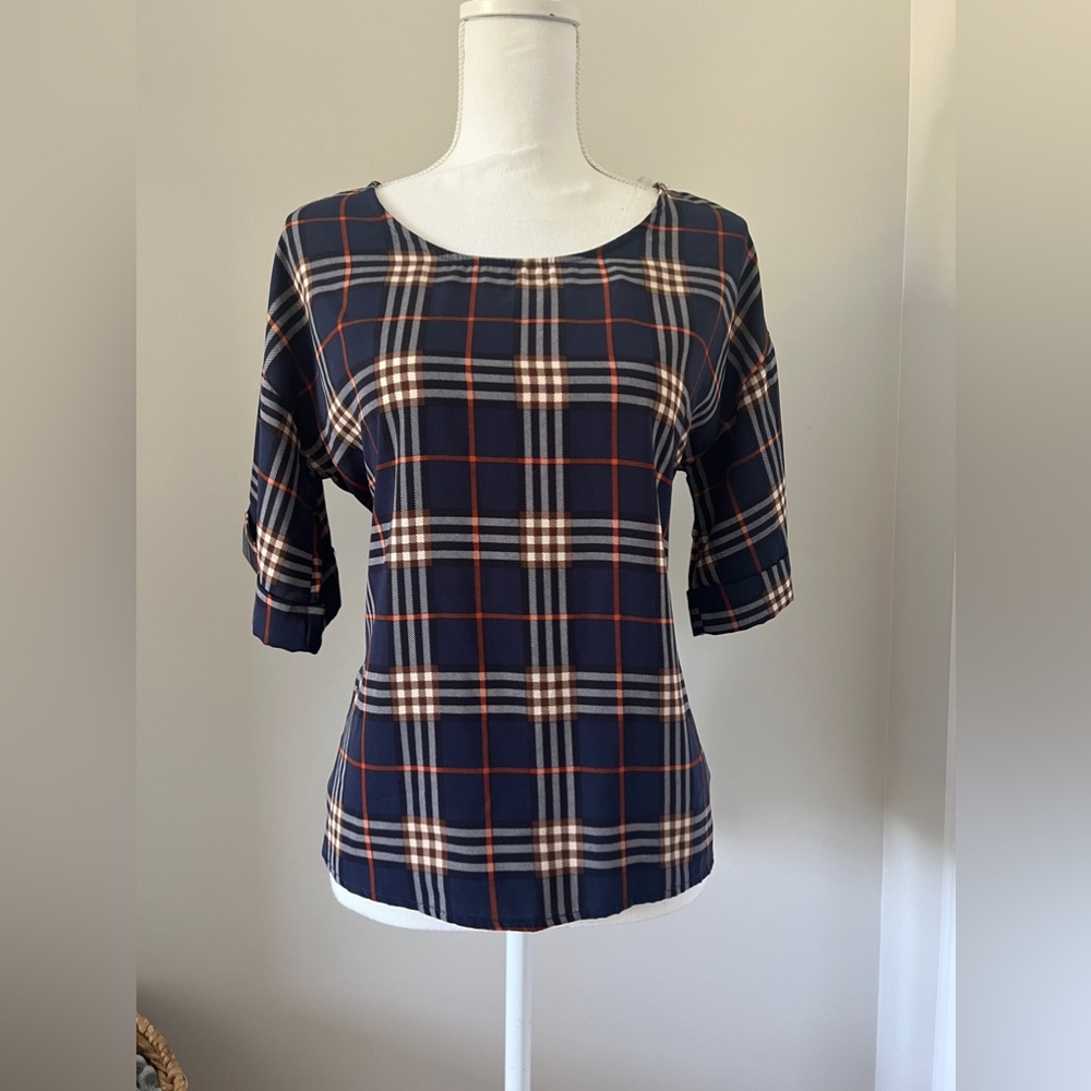 West Kei Navy Blue Plaid Short Sleeve Blouse Ties in Back Size XS Fall Autumn